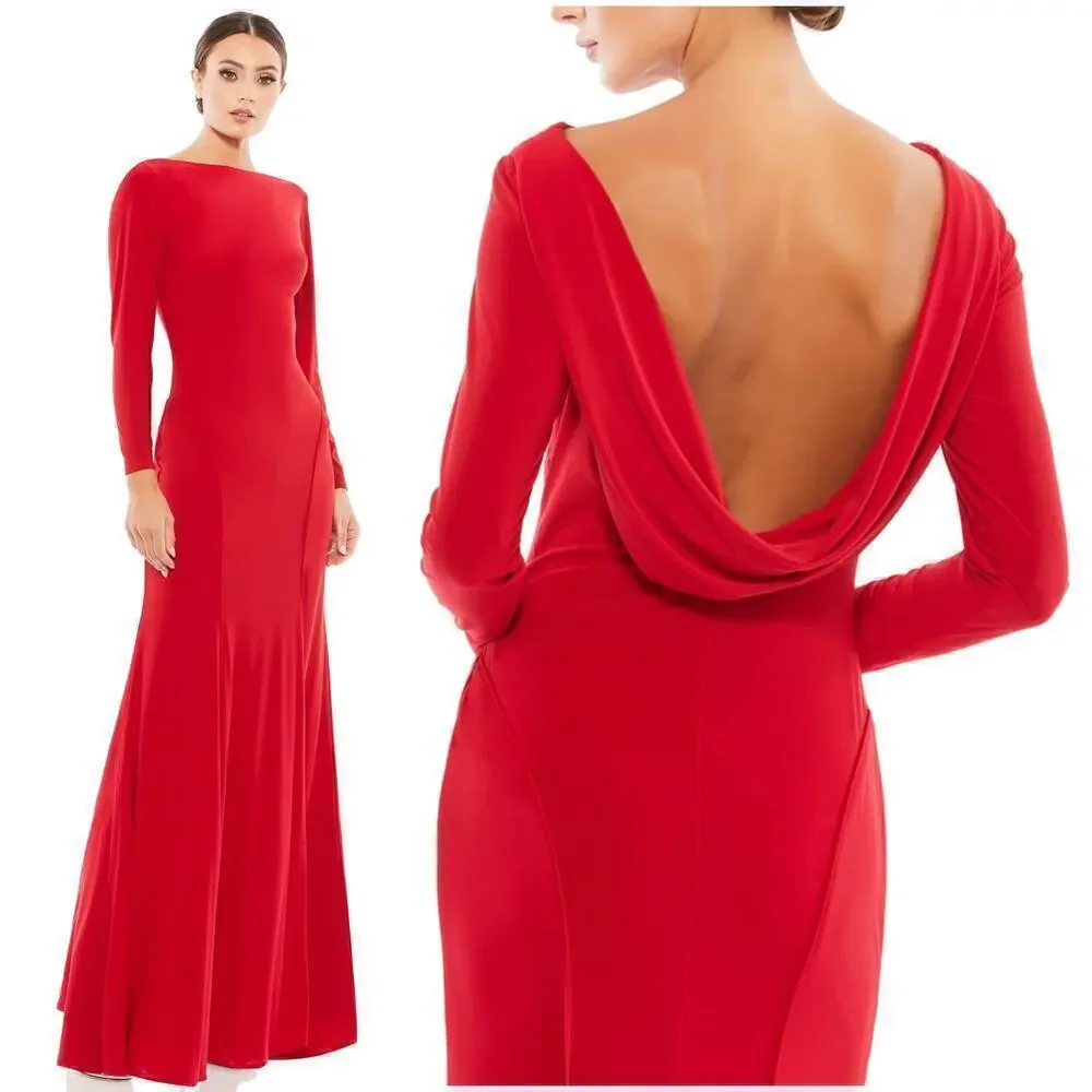 Ieena for Mac Duggal 25929 Dress Long Sleeve Cowl Back Jersey Gown NWT Red 10